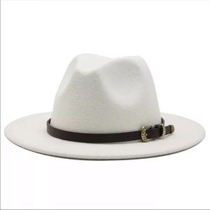 White felt hat belt buckle wide brim fedora